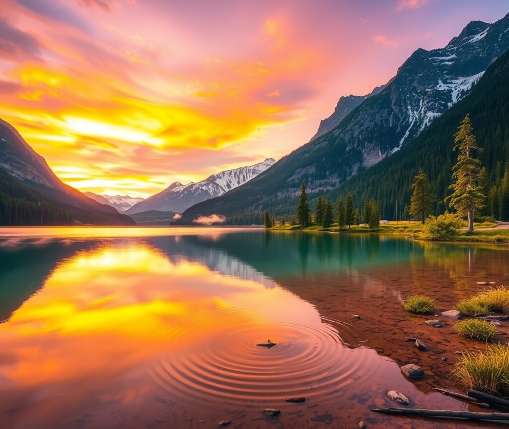 Serene Sunset Over Mountain Lake – free AI stock image