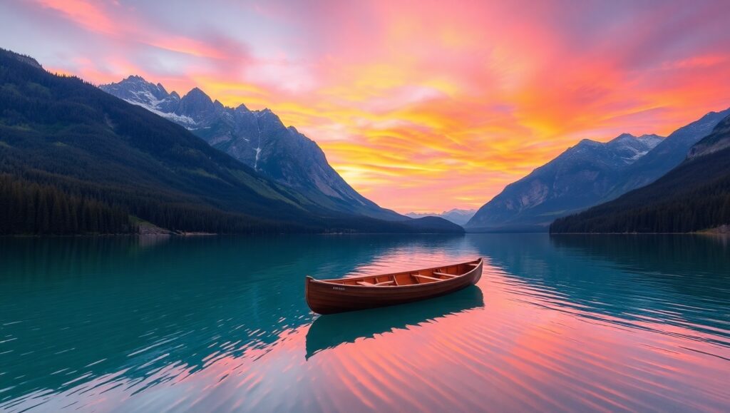 Serene Sunset Over Mountain Lake – free AI stock image