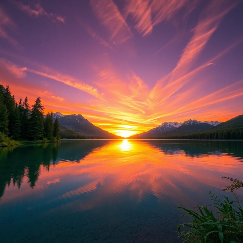 Serene Sunset Over Mountain Lake Vista – free AI stock image