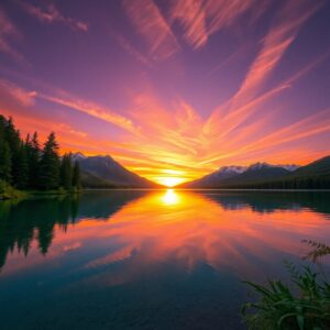 Serene Sunset Over Mountain Lake Vista – free AI stock image