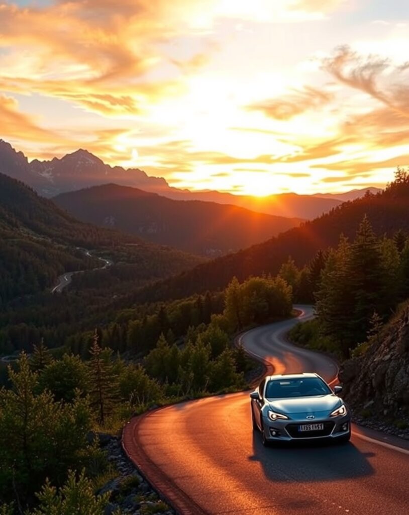 Serene Sunset Over Mountain Road Trip – free AI stock image