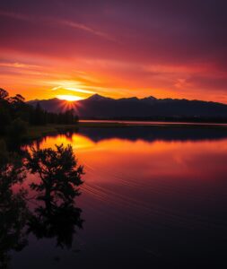 Serene Sunset Over Reflective Lake – free AI stock image