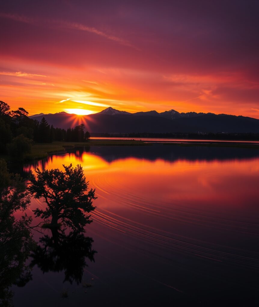 Serene Sunset Over Reflective Lake – free AI stock image