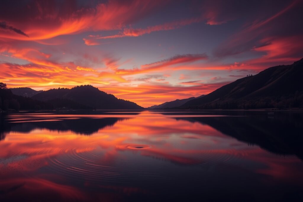 Serene Sunset Over Still Lake – free AI stock image