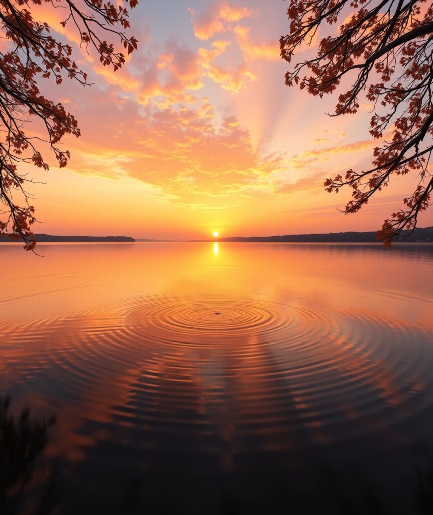 Serene Sunset Over Tranquil Lake – free AI stock image