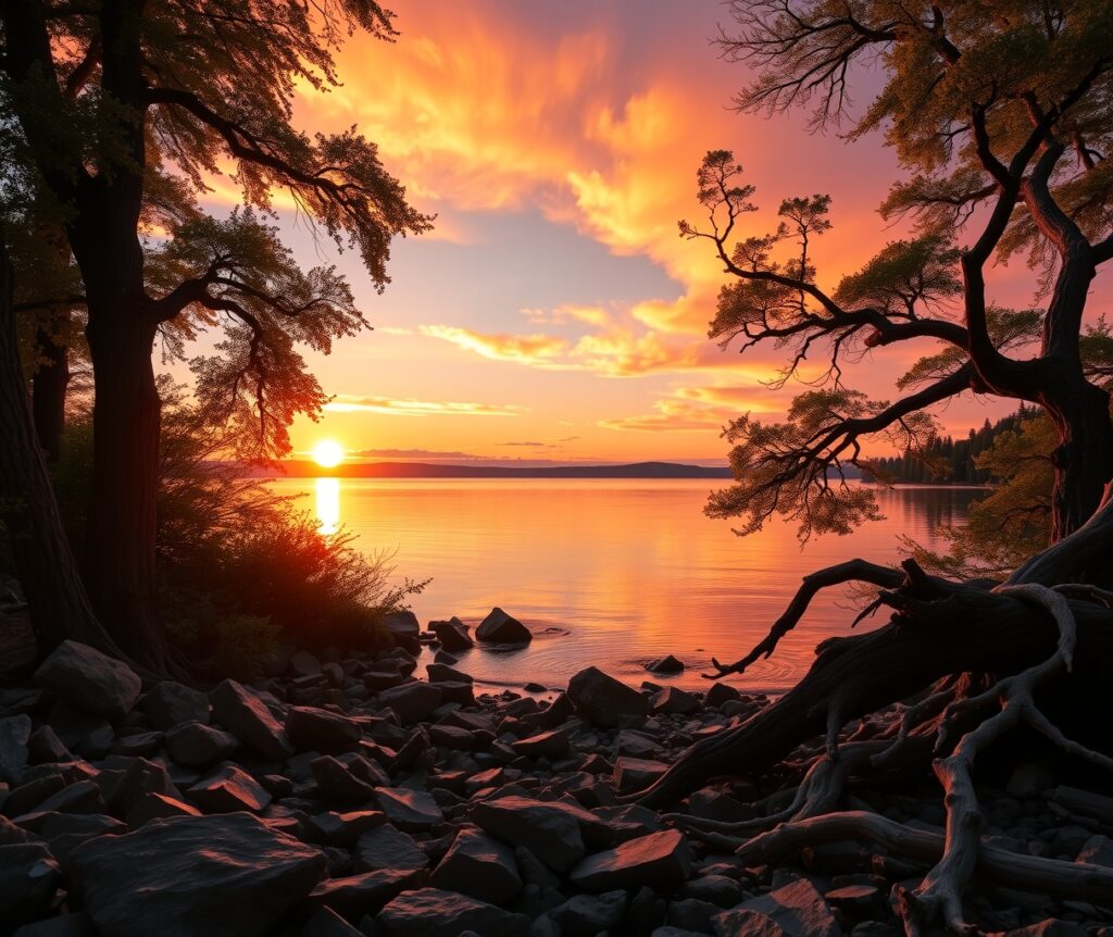 Serene Sunset Over Tranquil Lake – free AI stock image