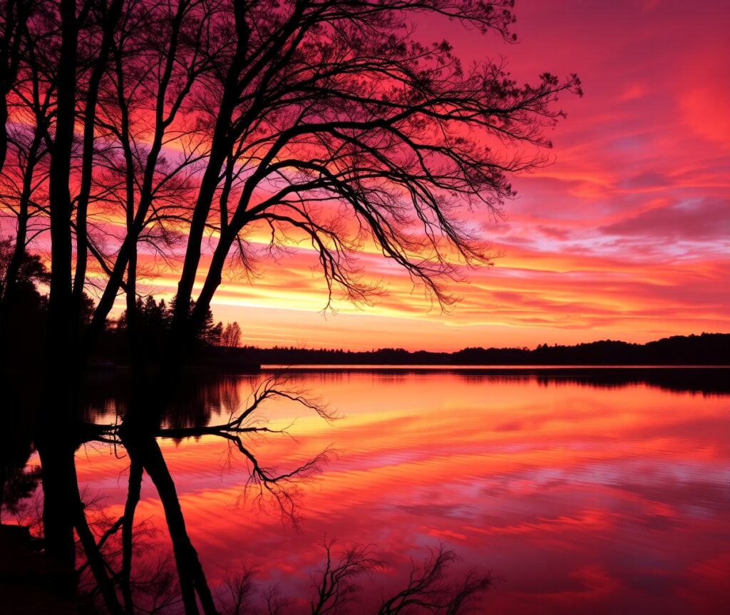 Serene Sunset over Tranquil Lake – free AI stock image