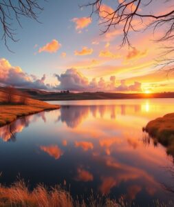 Serene Sunset Over Tranquil Lake – free AI stock image
