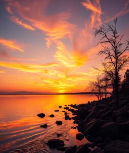 Serene Sunset Over Tranquil Lake – free AI stock image