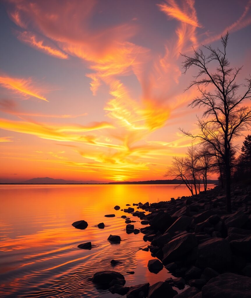 Serene Sunset Over Tranquil Lake – free AI stock image