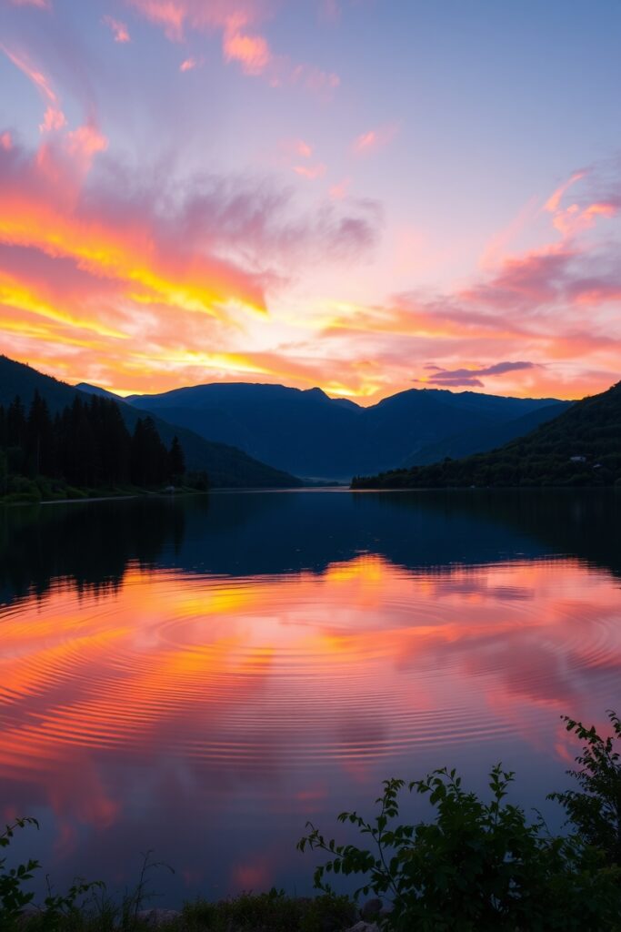 Serene Sunset Over Tranquil Lake – free AI stock image