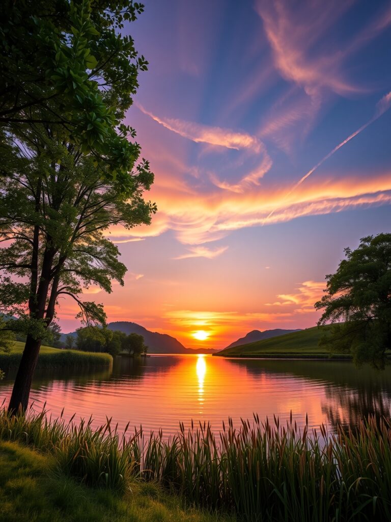 Serene Sunset Over Tranquil Lake – free AI stock image