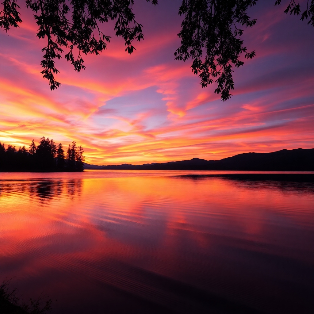 Serene Sunset Over Tranquil Lake – free AI stock image