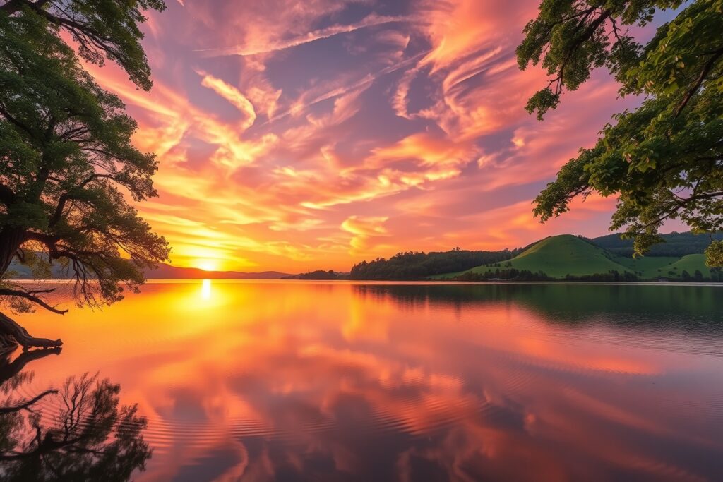 Serene Sunset Over Tranquil Lake – free AI stock image