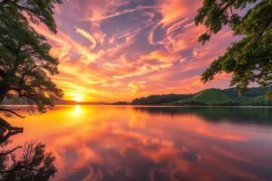 Serene Sunset Over Tranquil Lake – free AI stock image