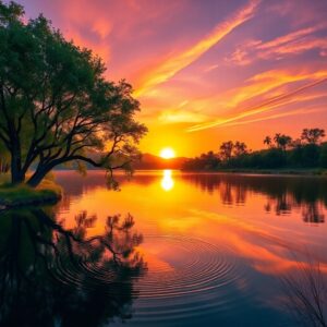 Serene Sunset Over Tranquil Lake – free AI stock image