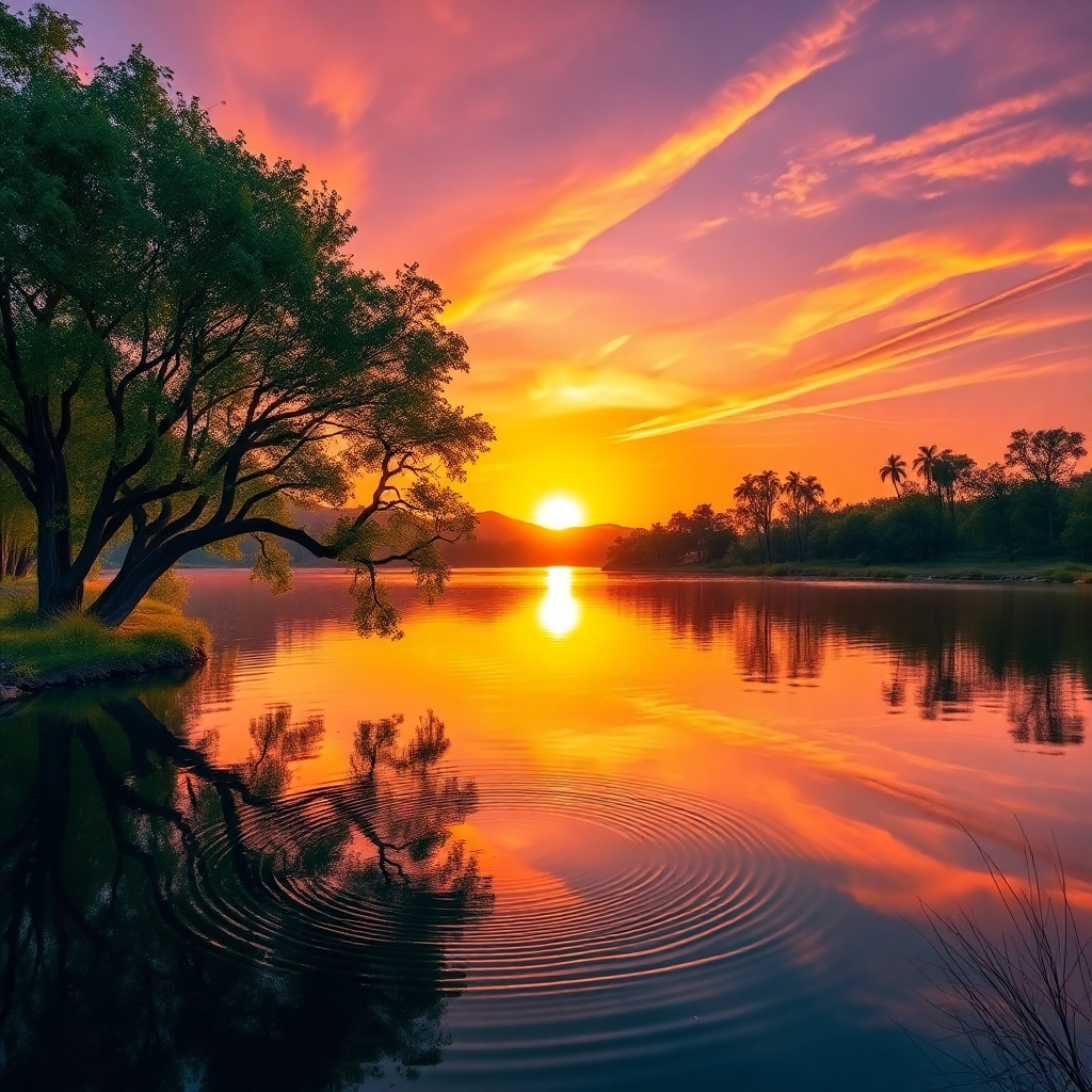 Serene Sunset Over Tranquil Lake – free AI stock image