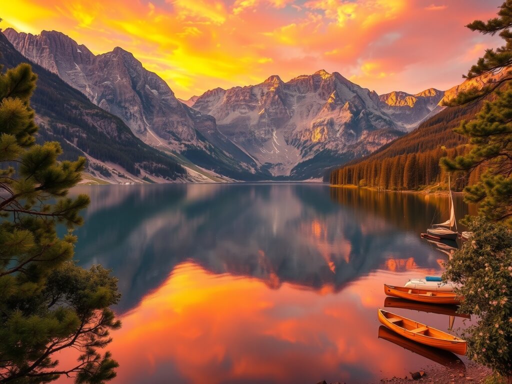 Serene Sunset Over Tranquil Lake – free AI stock image