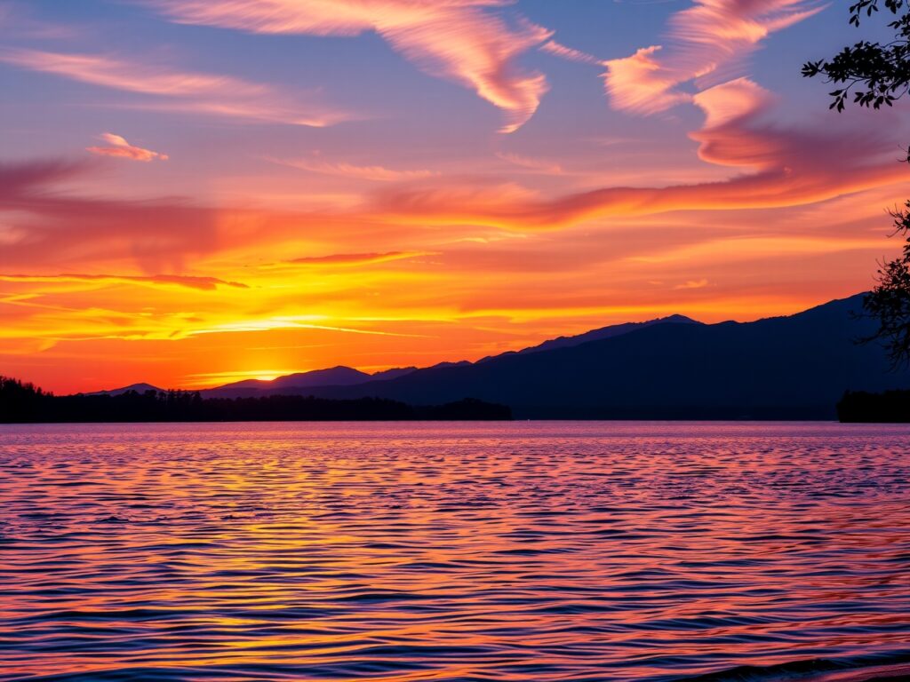 Serene Sunset Over Tranquil Lake – free AI stock image