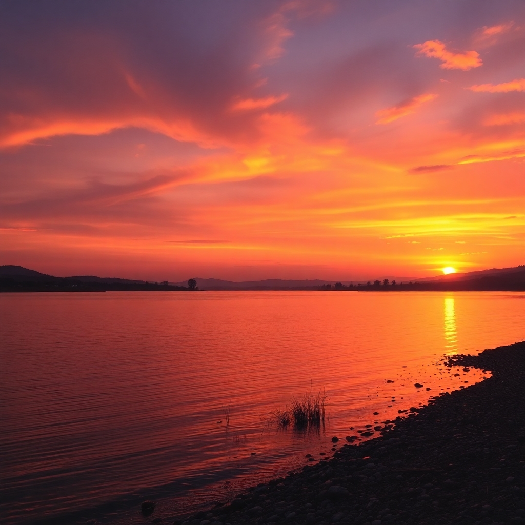 Serene Sunset Over Tranquil Lake – free AI stock image