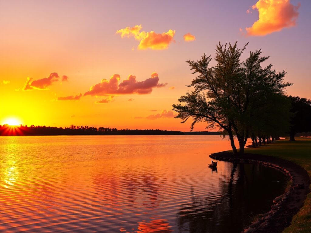 Serene Sunset Over Tranquil Lake – free AI stock image