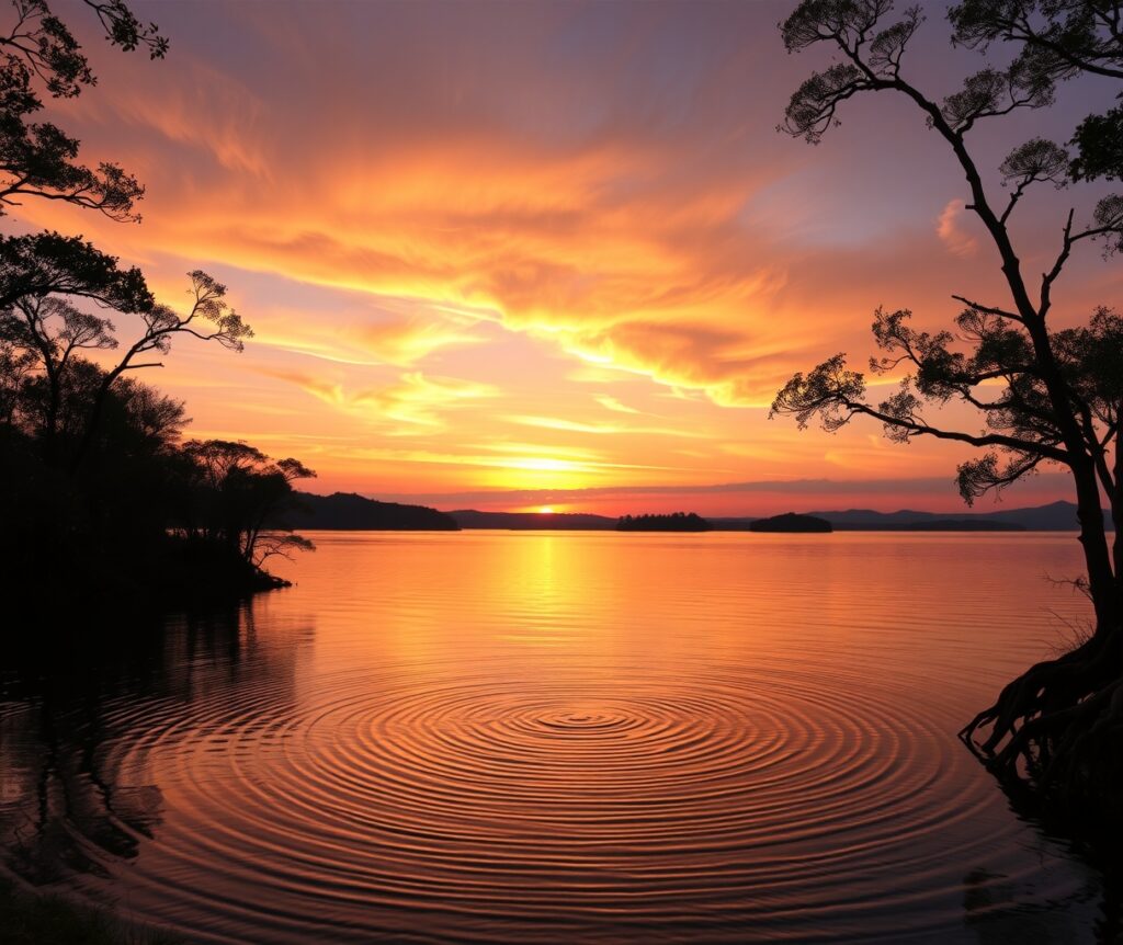 Serene Sunset Over Tranquil Lake – free AI stock image