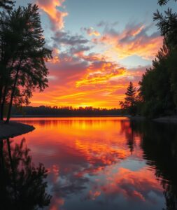 Serene Sunset Over Tranquil Lake Background – free AI stock image