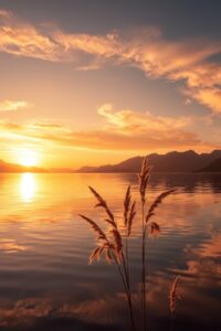 Serene Sunset Over Tranquil Lake Background – free AI stock image