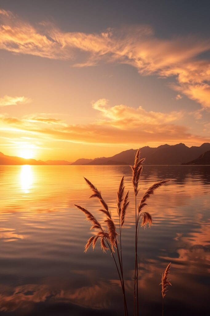 Serene Sunset Over Tranquil Lake Background – free AI stock image
