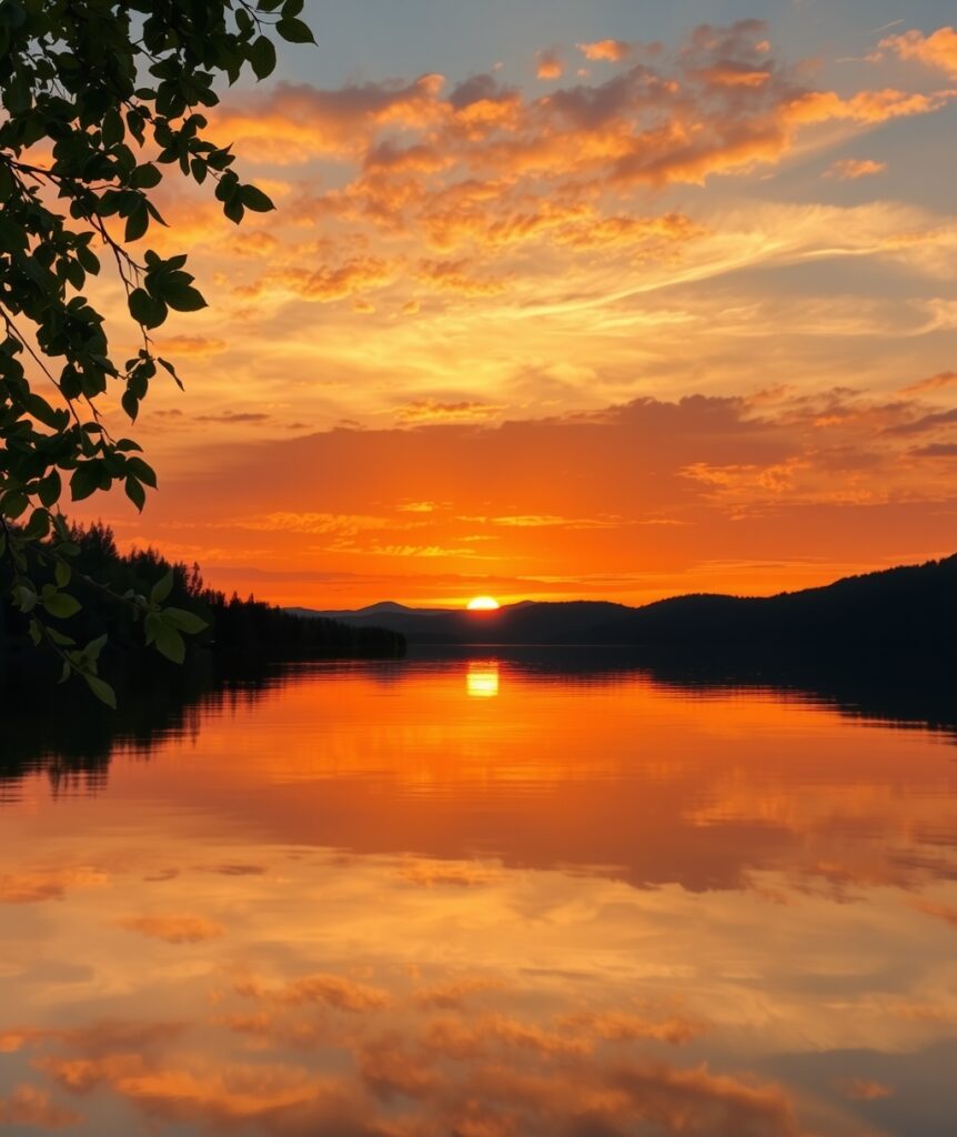 Serene Sunset Over Tranquil Lake Background – free AI stock image