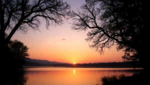 Serene Sunset Reflection on Water – free AI stock image