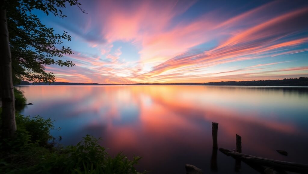Serene Sunset Reflections in Motion – free AI stock image