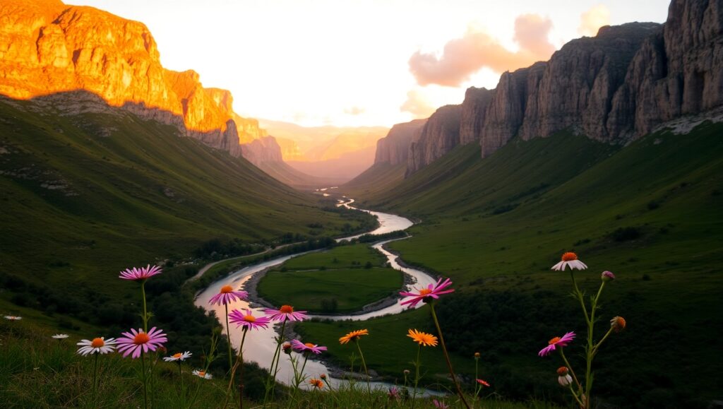Serene Sunset Valley Landscape – free AI stock image