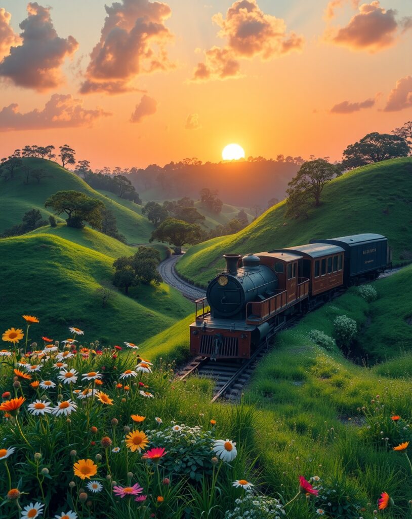 A Serene Train Journey Through Green Valleys – free AI stock image