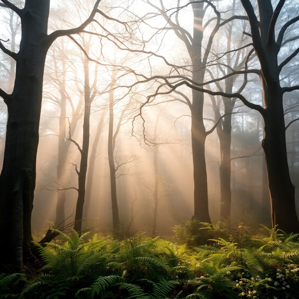 Serene Tranquility of a Misty Forest – free AI stock image