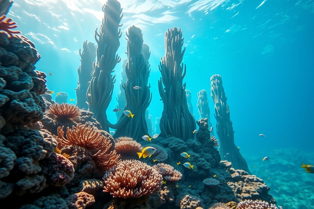 Serene Underwater Coral Reef Background – free AI stock image