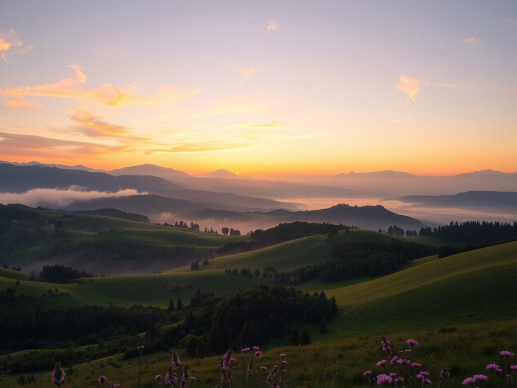 Serene Valley at Dawn with Misty Hills – free AI stock image
