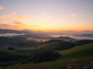 Serene Valley at Dawn with Misty Hills – free AI stock image