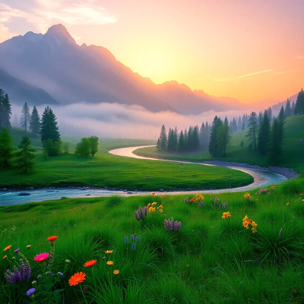 Serene Valley at Sunrise with Mist – free AI stock image