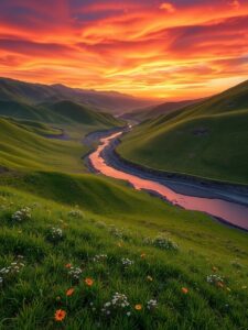 Serene Valley Under a Golden Sunset – free AI stock image