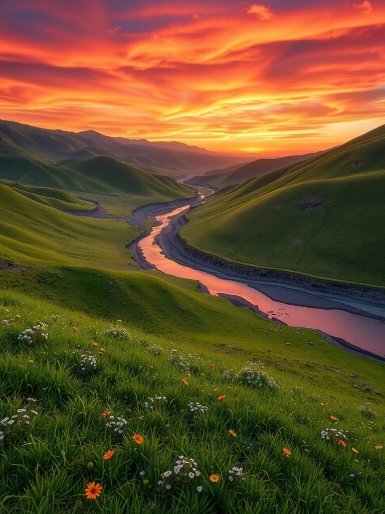 Serene Valley Under a Golden Sunset – free AI stock image