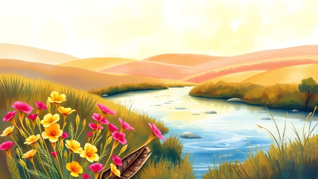 Serene Watercolor Landscape with Flowers – free AI stock image