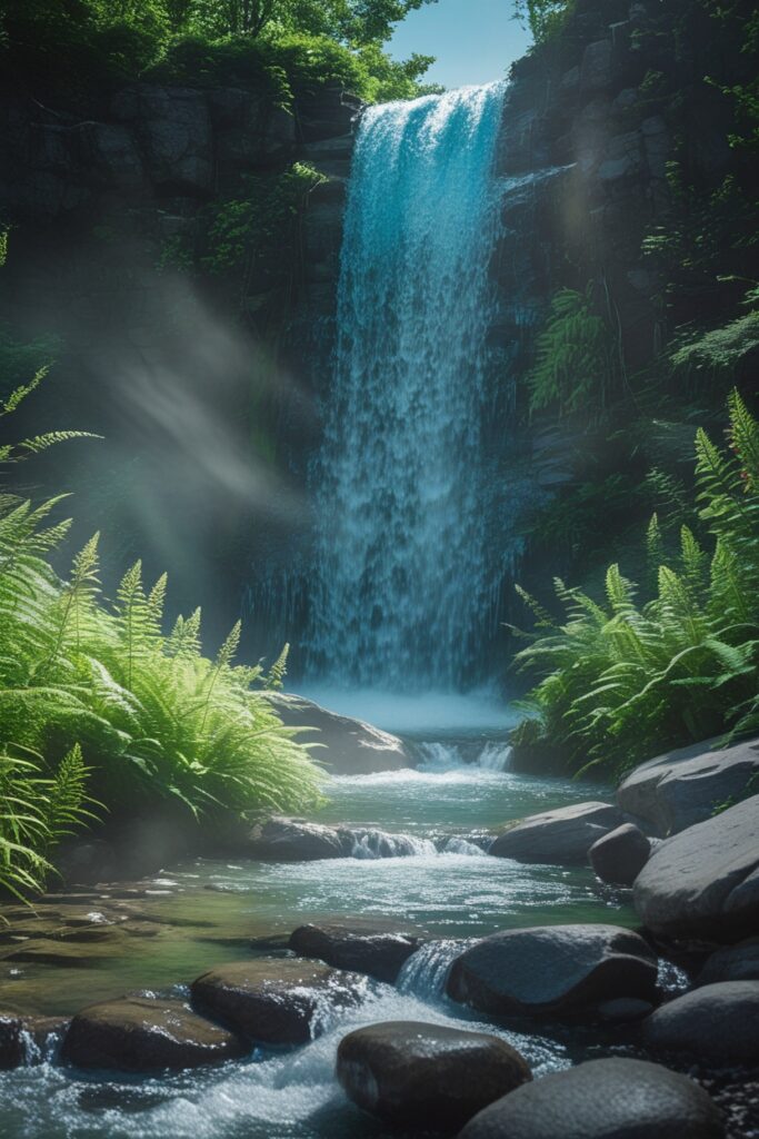 Serene Waterfall Surrounded by Lush Greenery – free AI stock image