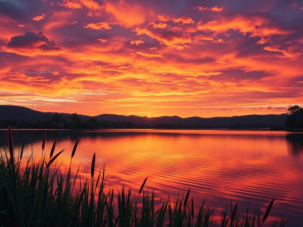 Serene Waterscape at Sunset – free AI stock image
