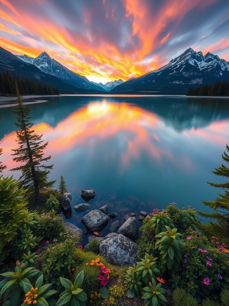 Serenity at Dawn Over the Mountain Lake – free AI stock image