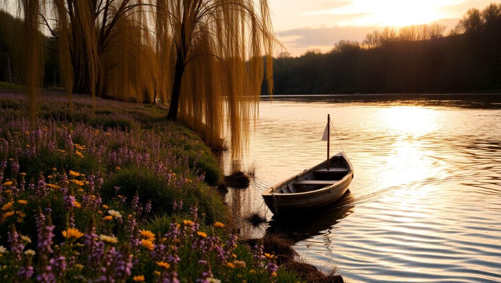 Serenity at Riverbank Dusk – free AI stock image