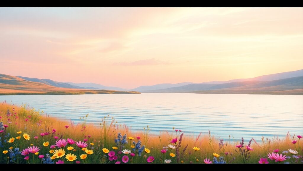 Serenity at Sunset Lake – free AI stock image