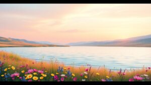 Serenity at Sunset Lake – free AI stock image