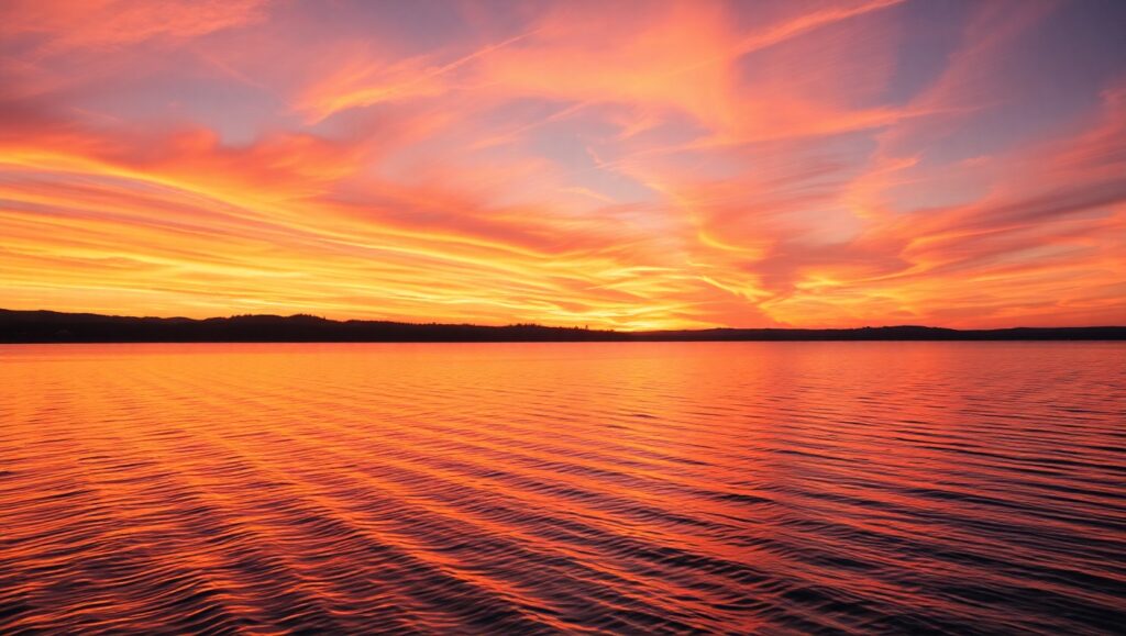 Serenity at Sunset Lake – free AI stock image