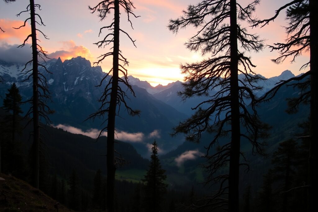 Serenity in the Mountain Valley at Dawn – free AI stock image